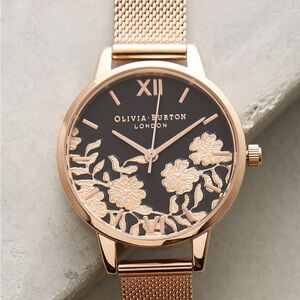 Olivia burton Lace Detail Black Dial & Rose Gold Mesh Watch